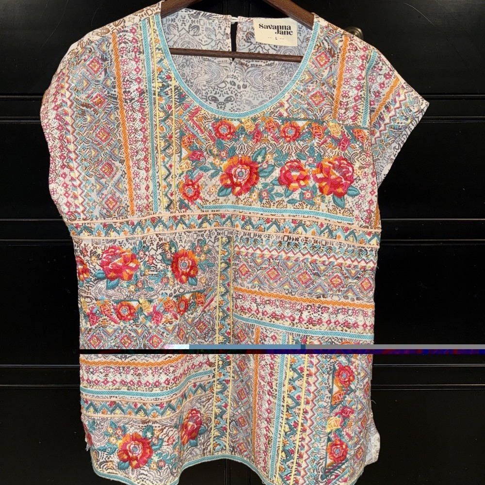 Savanna Jane Women's Embroidered Floral Blouse Size Large Cap Sleeve Flowy Rayon